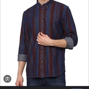 Jack & Jones Blue and Brown Casual Denim Shirt Men's, M